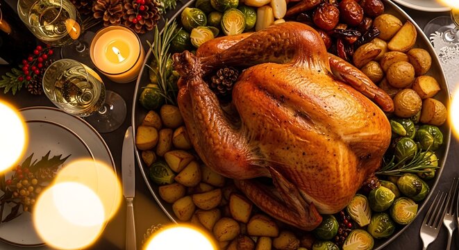 Roasted thanksgiving turkey with potatoes and brussels sprouts on a festive table with candles and wine glasses