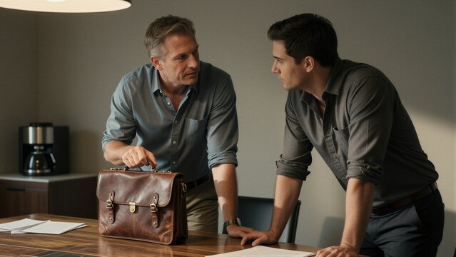 Two colleagues in a modern office setting lean forward in intense discussion about work-life balance, their leather briefcases and rolled sleeves adding a touch of professionalism