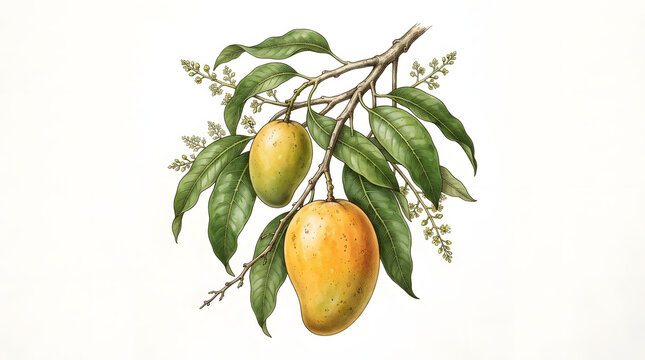 Botanical watercolor illustration of a tropical mango branch with ripe yellow fruit, green leaves, and blossoms on white background