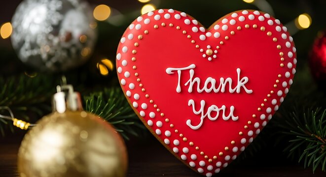 Heartshaped christmas cookie with thank you inscription, decorated with red icing, white dots, and gold accents, festive holiday background