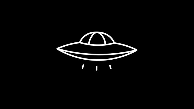 UFO animation, UFO icon with simple outlines, radiating beam lines, cartoon-style doodle alien, black background, 4K video.