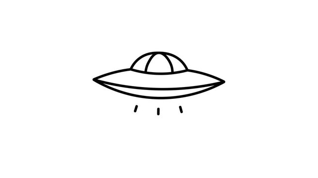 UFO celestial object icon animation, simple UFO sketch with three radiating line elements, black and white concept, transparent background, 4K video.