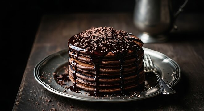 A stack of delicious chocolate pancakes topped with rich chocolate sauce and chocolate shavings on a vintage metal plate on a dark wooden table