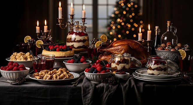 Festive christmas dinner table setting with roasted turkey, cheesecake, berry desserts, and candles in a cozy, dimly lit dining room atmosphere