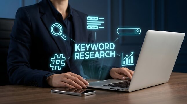 A professional business person working on a laptop computer with digital holographic icons representing search engine optimization and keyword research