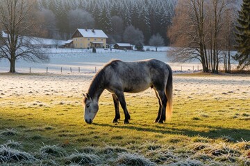 Obraz premium A gray horse grazes in a frosty meadow near a yellow house. Winter sun illuminates the rural landscape with snow-dusted trees and a distant forest creating a serene countryside scene.