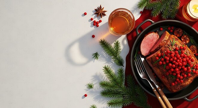 Festive christmas ham dinner served on a dark platter with red berries, pine branches, and a glass of cider on a white and red holiday table setting