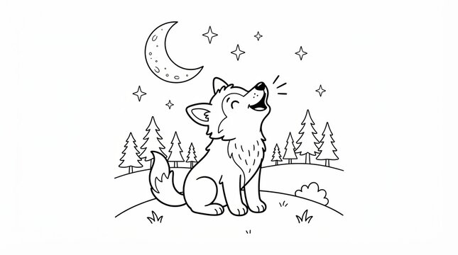 Cute cartoon wolf howling at the moon in a forest for coloring page
