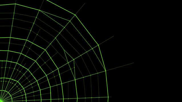 Neon geometric fractal spiderweb on black background