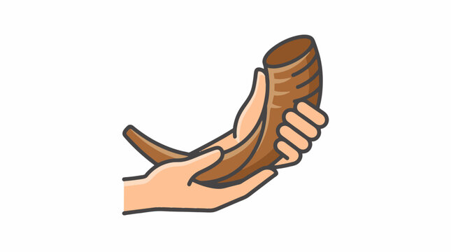 Hand holding traditional jewish shofar horn vector illustration isolated on white background