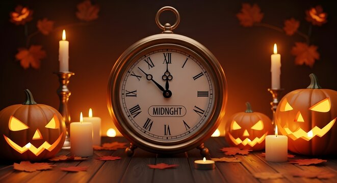 Halloween Midnight Concept with Vintage Clock, Glowing Jack-o'-Lanterns, and Candles on a Wooden Table