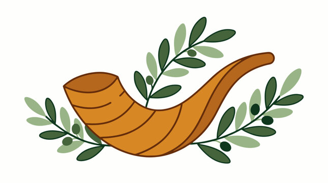 Rosh Hashanah and Yom Kippur Celebration Shofar and Olive Leaves Clip Art