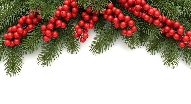Christmas fir tree branches with red berries isolated on white background