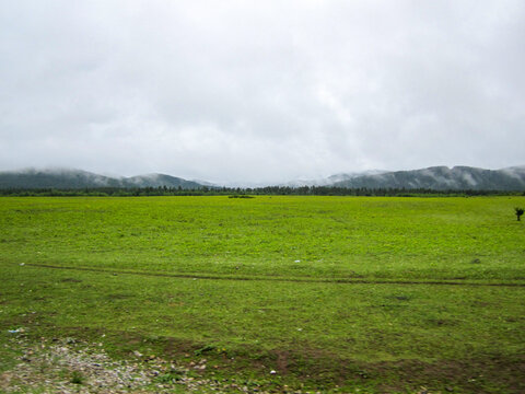 Vast green field under overcast sky with distant mountains