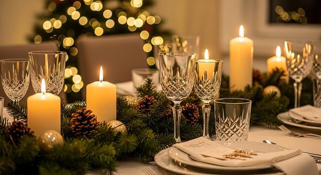 Elegant christmas table setting with candles, pine cones, and crystal glassware, creating a warm and festive holiday atmosphere