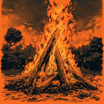 A bonfire stands tall with bright flames lighting up the night sky. The scene features bold colors and a comic look.