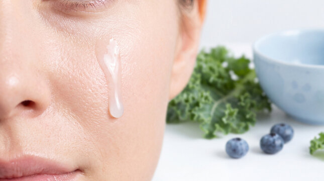 Close-up of radiant skin with a glistening droplet of probiotic serum
