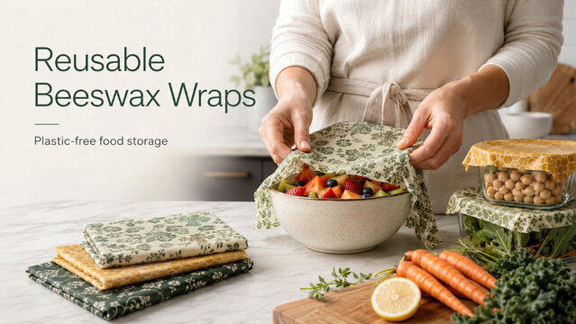 A person is using beeswax wraps to cover a bowl of fruits. Fresh vegetables are arranged on the table. The setting shows a kitchen environment