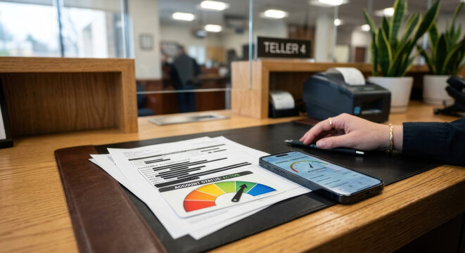 Bank desk with report: mortgage rates, borrowing costs, deposit rates, and tighter credit conditions.