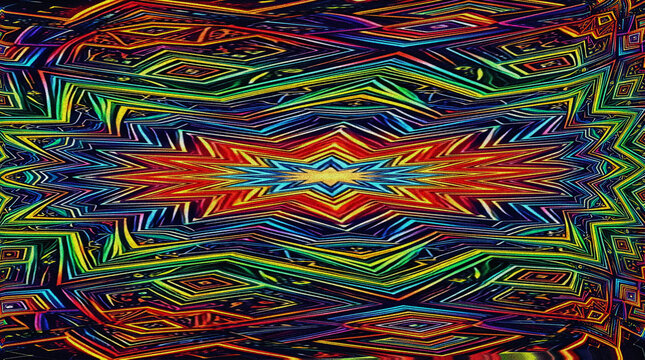 Abstract colorful geometric pattern with neon lines and digital glitch effect on dark background.
