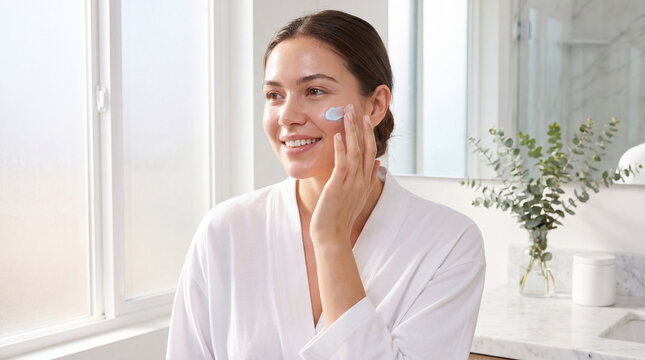 Woman in a white robe applies creamy facial cream, showcasing her glow