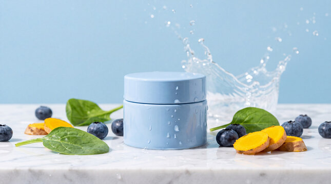 Sleek pastel blue jar rests on marble, surrounded by vibrant superfoods and splashing water