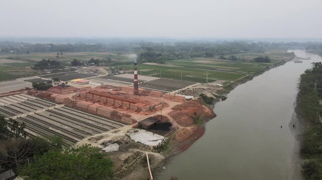 Aerial View of Traditional Brickfield and Brick Production Site in Rural Bangladesh