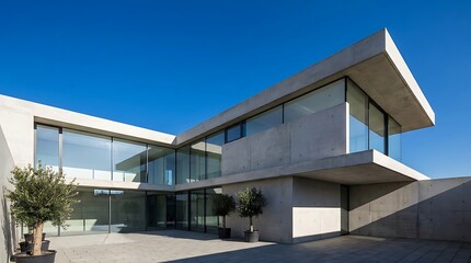 Fototapeta premium Modern luxury villa features smooth concrete exterior walls with large glass windows and minimalist courtyard design set against a vivid bright blue sky under natural sunlight during a clear day.