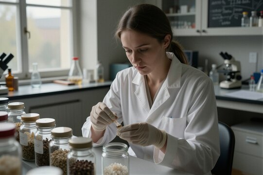 A woman in a white lab coat sits attentively at a cluttered laboratory bench, her gloved hands delicately handling tiny seeds as she examines them under soft fluorescent lighting.
