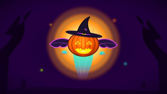 Flying Jack o Lantern with Witch Hat Halloween Illustration