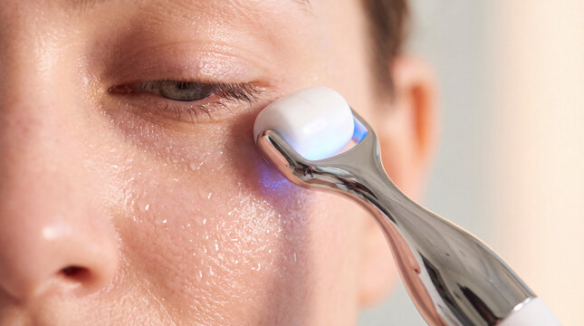 Sleek depuffing wand glides under an eye, enhancing fresh, hydrated skin