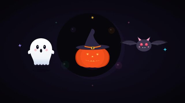 Cute Halloween icons of ghost pumpkin and flying bat