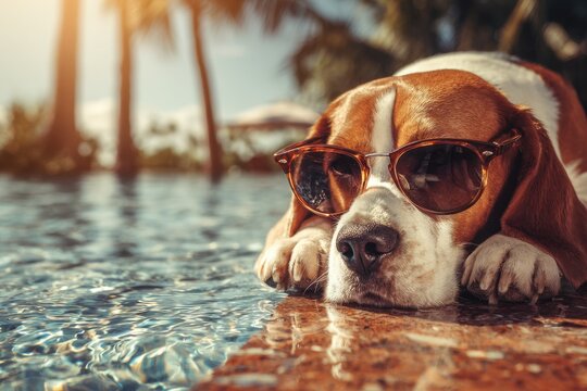 Relaxed beagle dog wearing sunglasses laying beside a shimmering pool with a tropical backdrop of palm trees under warm sunlight at sunset