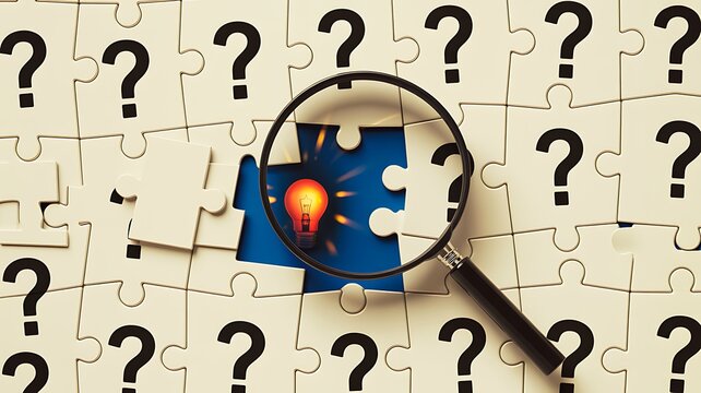 Magnifying glass revealing light bulb among question marks representing research and solution