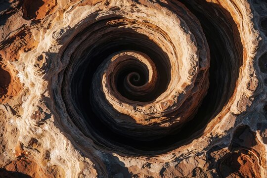 Aerial view of deep spiral rock formation. Natural geologic pattern shows concentric layers in red stone. Abstract earth texture creates hypnotic circular vortex. Ancient erosion shaped unique