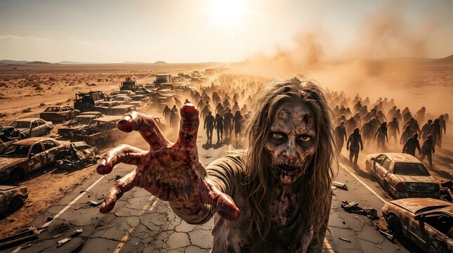 Zombie apocalypse scene with undead horde in desert landscape