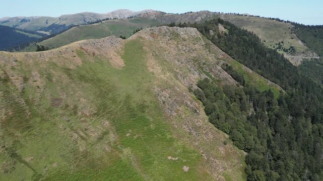 Sweeping aerial view of a lush mountain ridge of Col d'Aspin in the Pyrenees, France. This remote and sunny landscape with green slopes and dense forest offers tranquil solitude and adventure.