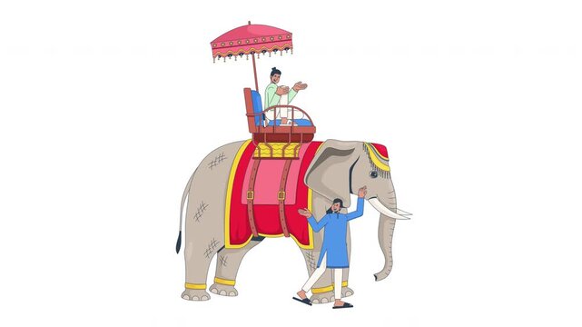 Tourist riding decorated elephant with mahout in India cartoon animation. Guided tour. Traditional attraction. South Asian animated flat 2D characters 4K video isolated on transparent white background