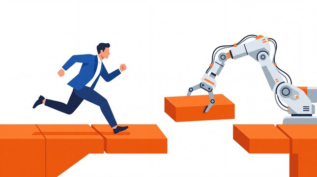 Businessman running forward as a robotic arm builds a bridge for him representing business technology artificial intelligence automation and future growth partnership vector illustration