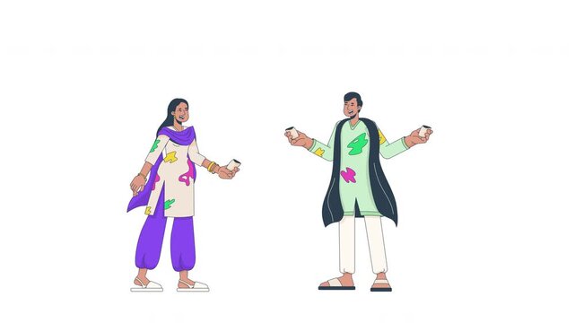 Happy Holi festival celebration with gulal powder cartoon animation. Indian culture. South Asian woman and man throwing colors animated flat 2D characters 4K video isolated on transparent background
