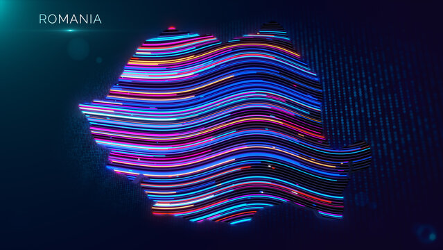 Futuristic Romania map rendered with flowing multicolored neon lines, glowing particles, digital grid elements, atmospheric bokeh, and luminous technology-inspired textures against a dark background.