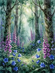 Fototapeta premium Watercolor painting of a magical forest path filled with foxgloves and bluebells. Lush green vines climb dark tree trunks under a canopy of soft light.