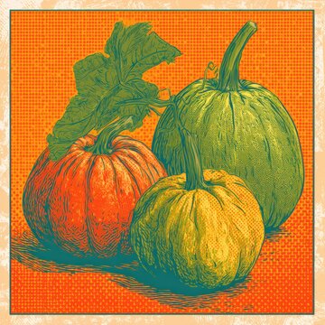 Three pumpkins sit together on a bright orange backdrop showing fall bounty in a fun pop art style.