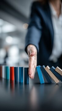 A hand stops a line of dominoes from falling, representing the concept of risk management and business strategy