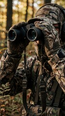 Obraz premium Hunter wears camo gear looking through binoculars in autumn forest. Person scouts woods with optic device. Close-up view of person tracking wildlife.