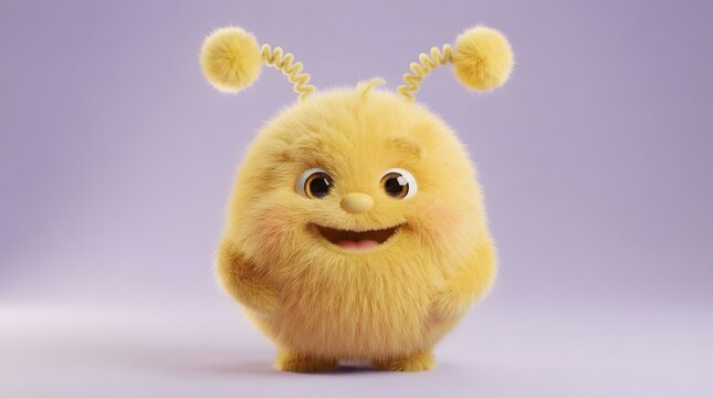 Cute fluffy yellow creature with antennae on pastel background