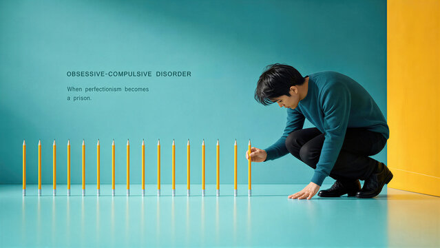 Man aligning yellow pencils in a perfect row. Obsessive compulsive disorder concept illustrating perfectionism and anxiety. Mental health awareness and psychological behavior therapy.