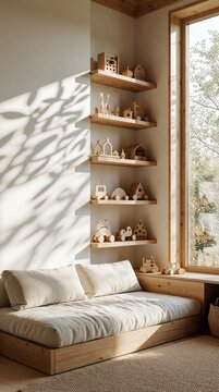 Minimalist room with wooden shelves filled with toys. Daybed with pillows sits near large window with natural light. Cozy minimalist interior design.