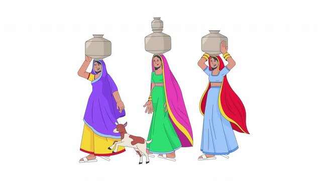 Indian village women carrying water pots on heads cartoon animation. Daily routine. Rural household chores. South Asian saree animated flat 2D characters 4K video isolated on transparent background