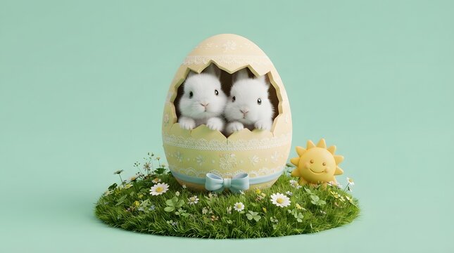 Cute bunnies in cracked Easter egg on grassy base with flowers